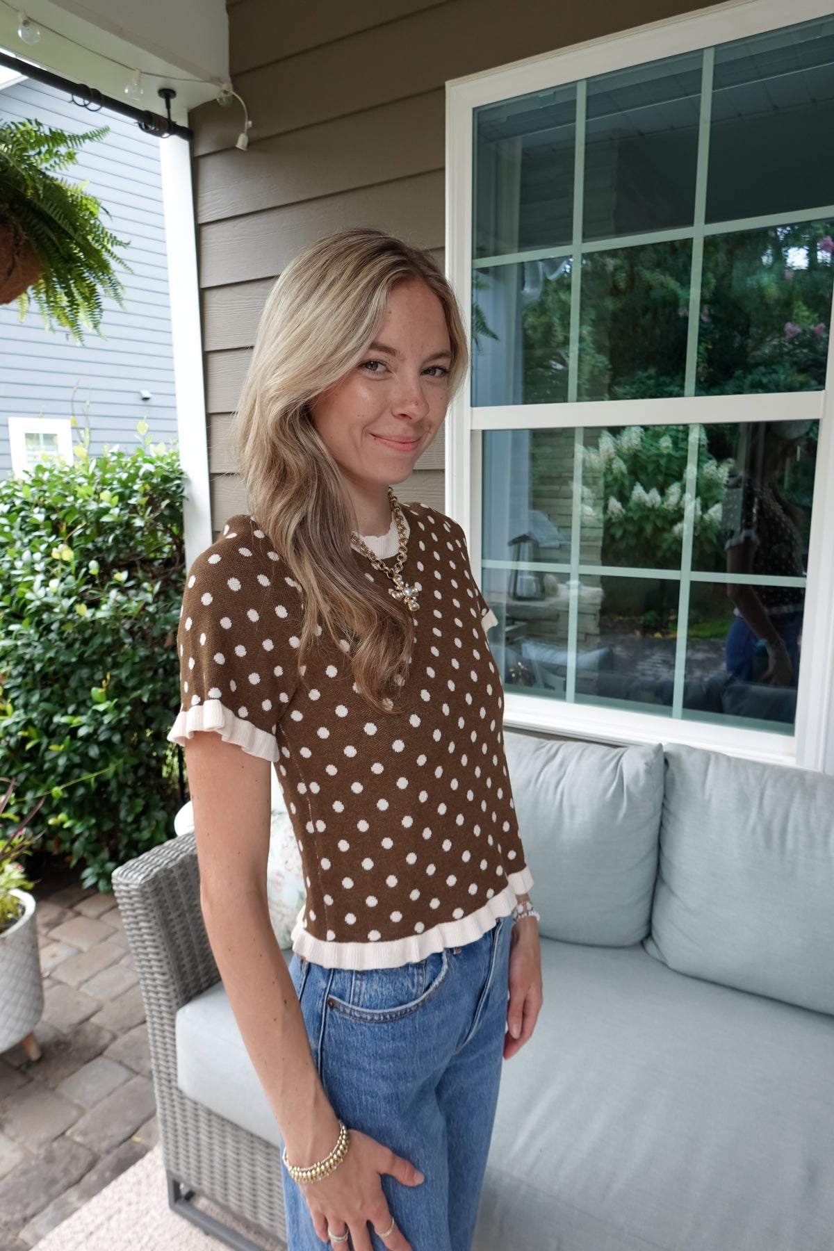 Polka Dot Ruffle Short Sleeve Sweater