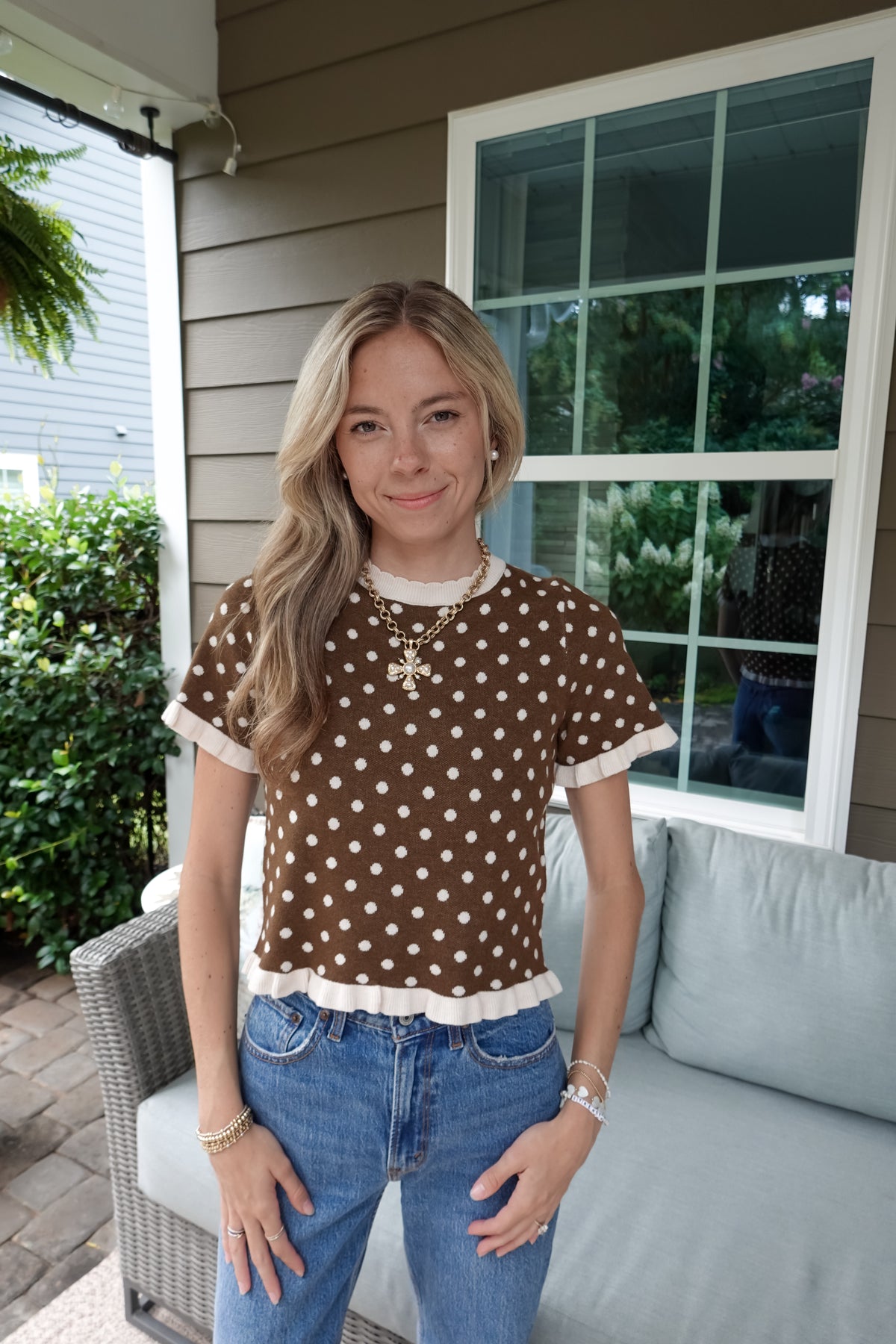 Polka Dot Ruffle Short Sleeve Sweater