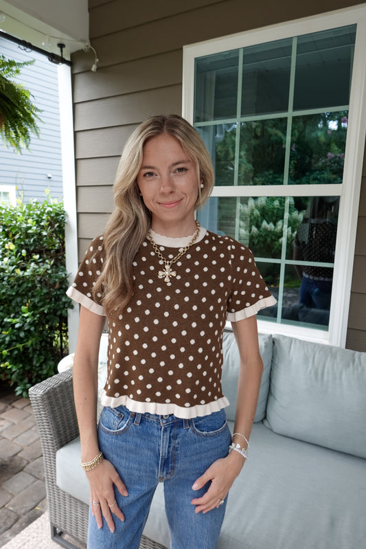 Polka Dot Ruffle Short Sleeve Sweater