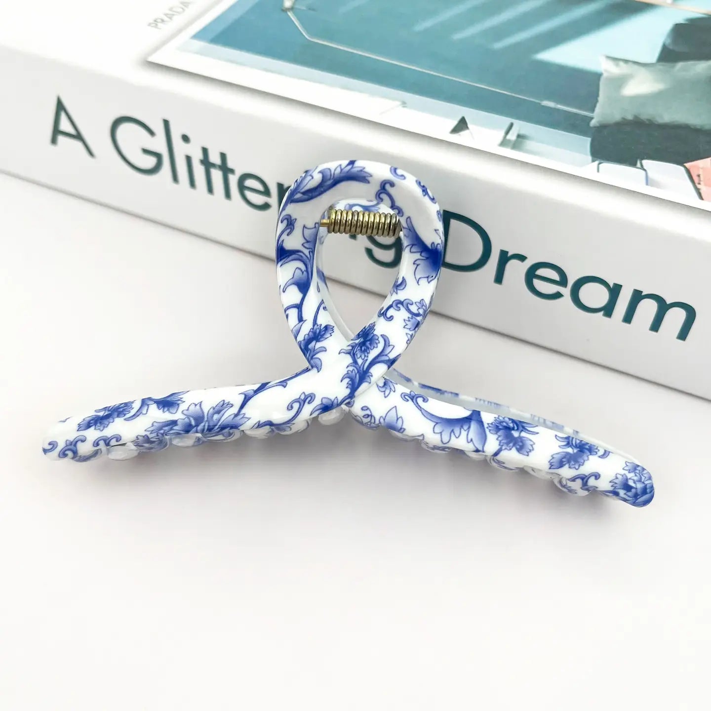 White & Blue Floral Claw Clips